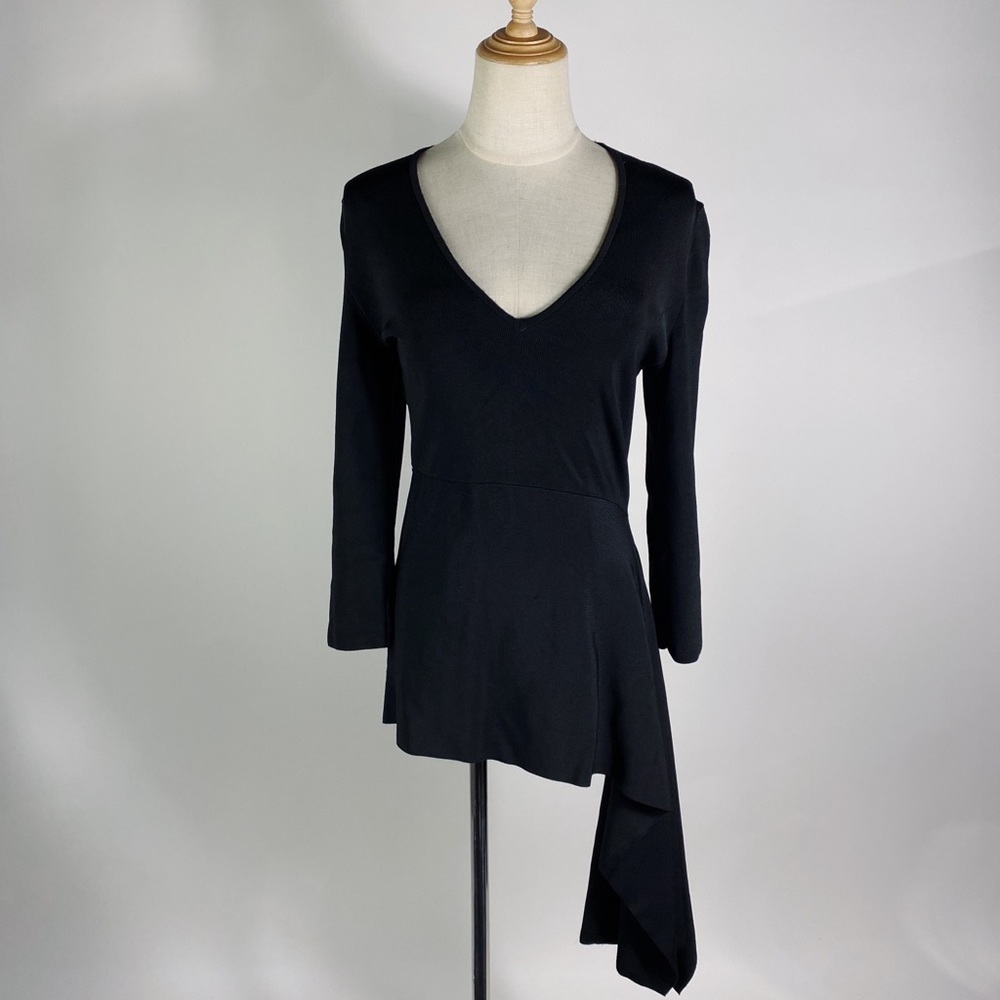ZARA Asymmetrical Ribbed Knit Heavy Jersey V Neck Black Top Womens Medium